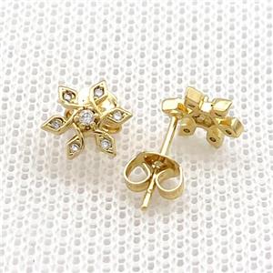 Copper Stud Earrings Pave Zircon Flower Gold Plated, approx 8mm