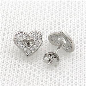 Copper Stud Earrings Pave Zircon Heart Platinum Plated, approx 10mm