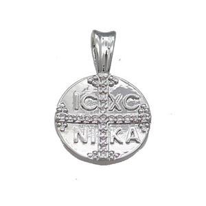 Christogram ICXC NIKA Jesus Orthodox Copper Circle Cross Pave Zircon Platinum Plated, approx 15mm