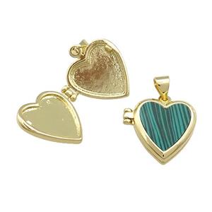 Copper Locket Pendant Pave Synthetic Malachite Heart Gold Plated, approx 15mm