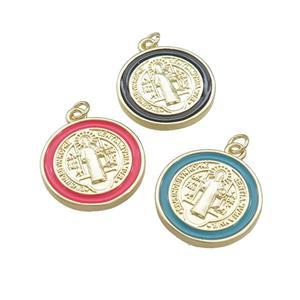 Copper Jesus Pendant Religious Medal Charms CSPB Enamel Circle Gold Plated Mixed, approx 20mm