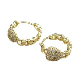 Copper Hoop Earrings Pave Zircon Heart Gold Plated, approx 12mm, 23mm dia