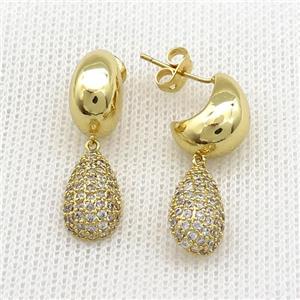 Copper Stud Earrings Teardrop Pave Zircon Gold Plate, approx 8-14mm, 11-13mm