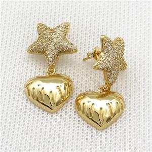 Copper Star Stud Earrings Pave Zircon Heart Gold Plated, approx 15mm, 16mm