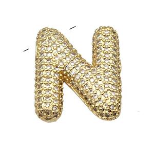 Copper Pendant Pave Zircon Letter-N Gold Plated, approx 16-22mm