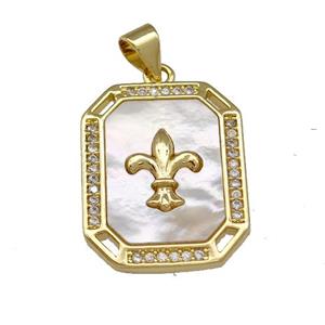 Copper Rectangle Pendant Pave Shell Zirconia Fleur De Lis 18K Gold Plated, approx 17-22mm