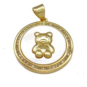 Copper Bear Pendant Pave Shell Zirconia Circle 18K Gold Plated, approx 21mm