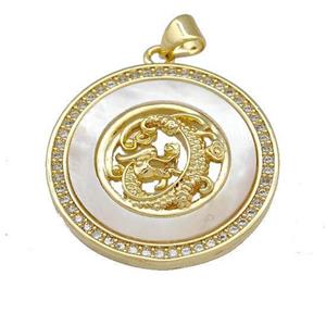 Dragon Charms Copper Circle Pendant Pave Shell Zirconia 18K Gold Plated, approx 26mm