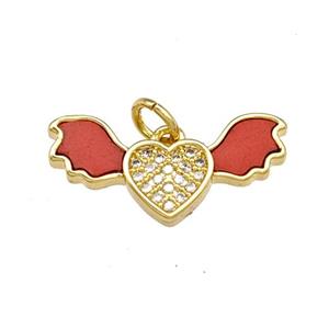 Copper Angel Wings Pendant Pave Shell Zirconia Heart 18K Gold Plated, approx 10-21mm