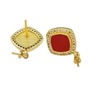 Copper Stud Earrings Pave Shell Zirconia With Bail Square 18K Gold Plated, approx 12mm