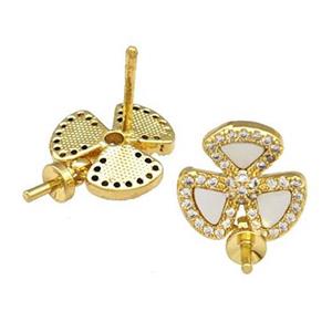 Copper Stud Earrings Pave Shell Zirconia With Bail Clover 18K Gold Plated, approx 12mm