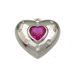 Copper Heart Pendant Micro Pave Fuchsia Zirconia Platinum Plated, approx 14mm