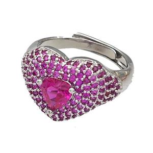 Copper Heart Rings Micro Pave Fuchsia Zirconia Adjustable Platinum Plated, approx 14mm, 18mm dia