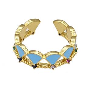 Copper Rings Pave Zircon Blue Enamel Adjustable Gold Plated, approx 6mm, 18mm dia