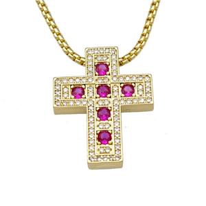 Copper Cross Necklace Micro Pave Zirconia Gold Plated, approx 22-28mm, 2mm, 40-45cm length