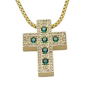 Copper Cross Necklace Micro Pave Zirconia Gold Plated, approx 22-28mm, 2mm, 40-45cm length