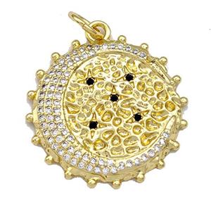 Copper Circle Pendant Micro Pave Zirconia Moon Gold Plated, approx 22mm