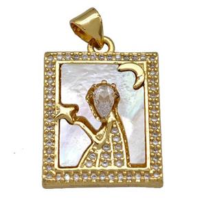 Copper Tarot Card Pendant Pave Zircon Zodiac Virgo 18K Gold Plated, approx 16-20mm