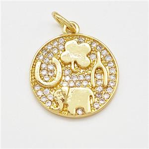 Copper Circle Pendant Micro Pave Zirconia Clover Elephant Gold Plated, approx 15mm