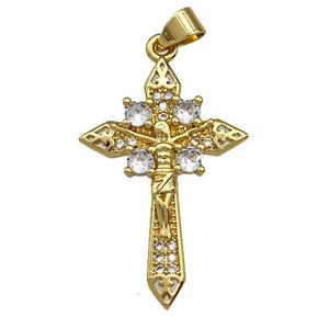 Jesus Charms Copper Crucifix Cross Pendant Pave Zircon Gold Plated, approx 20-30mm