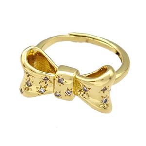 Copper Bow Rings Micro Pave Zirconia Adjustable Gold Plated, approx 11-20mm, 18mm dia