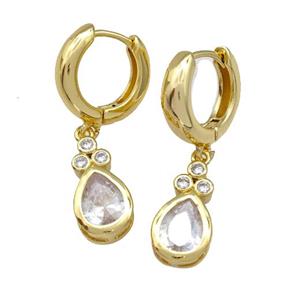 Copper Hoop Earrings Pave Zircon Teardrop Gold Plated, approx 8.5-16mm, 15mm dia