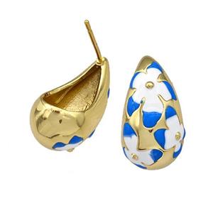 Copper Teardrop Stud Earrings Blue White Enamel Hollow Gold Plated, approx 11.5-20mm