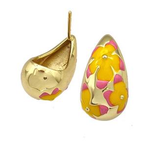 Copper Teardrop Stud Earrings Yellow Pink Enamel Hollow Gold Plated, approx 11.5-20mm