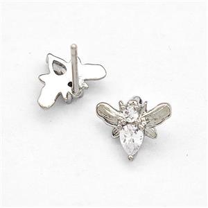 Copper Honeybee Stud Earrings Pave Zircon Platinum Plated, approx 8-10mm