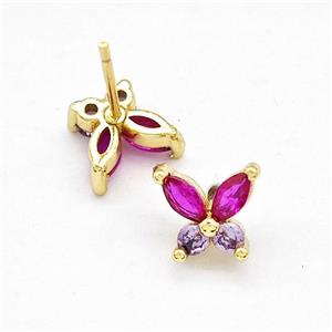 Copper Butterfly Stud Earrings Pave Zirconia Gold Plated, approx 8mm