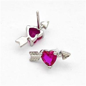 Copper Stud Earrings Pave Fuchsia Zircon Cupids Arrow Heart Platinum Plated, approx 6-14mm