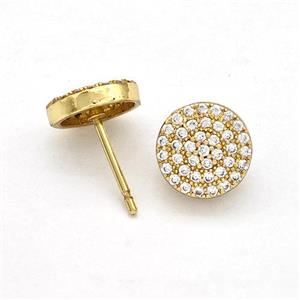 Copper Stud Earrings Pave Zirconia Circle Gold Plated, approx 9mm