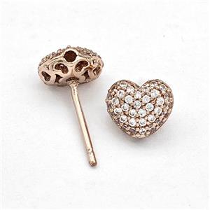 Copper Stud Earrings Pave Zirconia Heart Rose Gold, approx 9mm