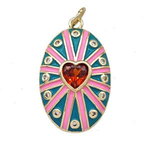 Copper Oval Pendant Pave Red Zirconia Heart Teal Enamel Gold Plated, approx 16-23mm