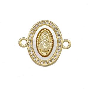 Virgin Mary Charms Copper Oval Connector Pave Shell Zirconia 18K Gold Plated, approx 13-17mm