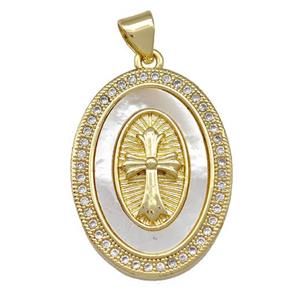 Copper Oval Pendant Pave Shell Zirconia Cross 18K Gold Plated, approx 18-25mm