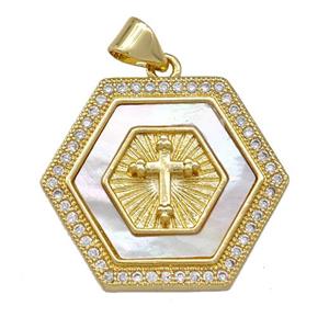 Copper Hexagon Pendant Pave Shell Zirconia Cross 18K Gold Plated, approx 21-24mm