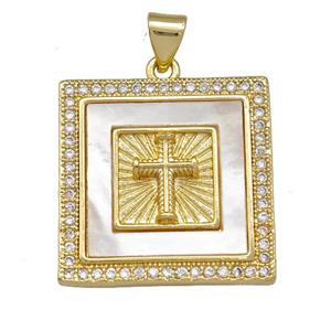 Copper Square Pendant Pave Shell Zirconia Cross 18K Gold Plated, approx 22x22mm