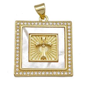 Copper Square Pendant Pave Shell Zirconia Cross 18K Gold Plated, approx 22x22mm