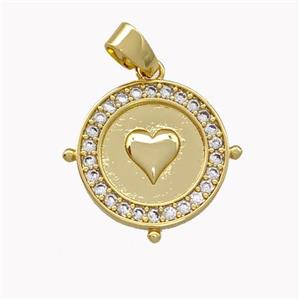 Copper Circle Pendant Pave Zirconia Heart Gold Plated, approx 16mm