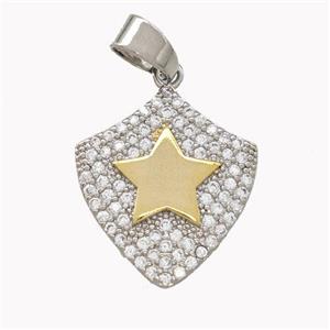 Copper Shield Pendant Micro Pave Zirconia Star Platinum Plated, approx 17-18mm