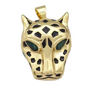 Copper Leopard Pendant Pave Zirconia Black Enamel Gold Plated, approx 16-20mm