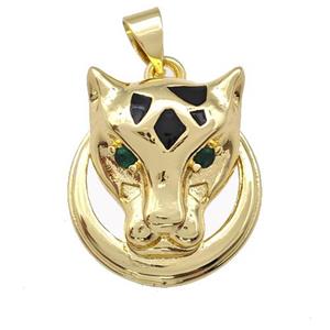 Copper Leopard Pendant Pave Zirconia Black Enamel Gold Plated, approx 18-19mm