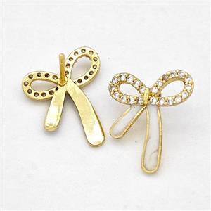 Copper Bow Earrings Stud Pave Zirconia White Enamel Gold Plated, approx 14-16mm