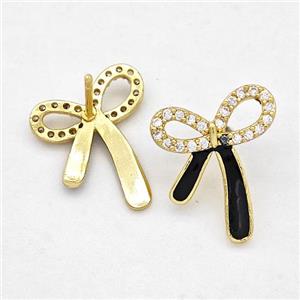 Copper Bow Earrings Stud Pave Zirconia Black Enamel Gold Plated, approx 14-16mm