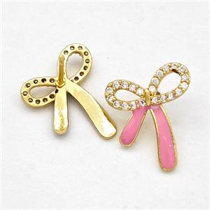 Copper Bow Earrings Stud Pave Zirconia Pink Enamel Gold Plated, approx 14-16mm