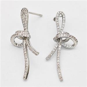 Copper Bow Stud Earrings Pave Zirconia Platinum Plated, approx 15-30mm