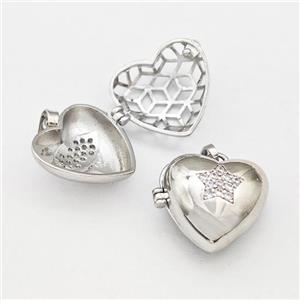 Copper Heart Locket Pendant Pave Zirconia Star Platinum Plated, approx 17mm