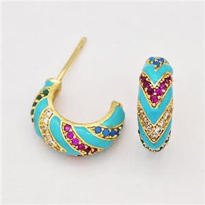 Copper Earring Studs Pave Zirconia Teal Enamel Gold Plated, approx 6mm,15.5mm