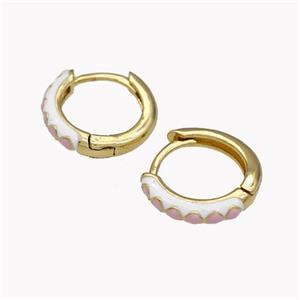 Copper Hoop Earrings Pink White Enamel Gold Plated, approx 14mm dia